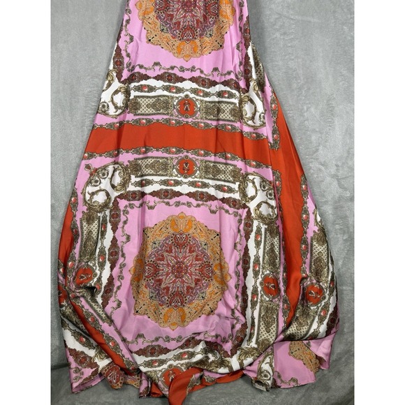 Aakaa Geometric Maxi Dress Size Large Pink Orange Red Multi Classic Halter Neck - Picture 4 of 12